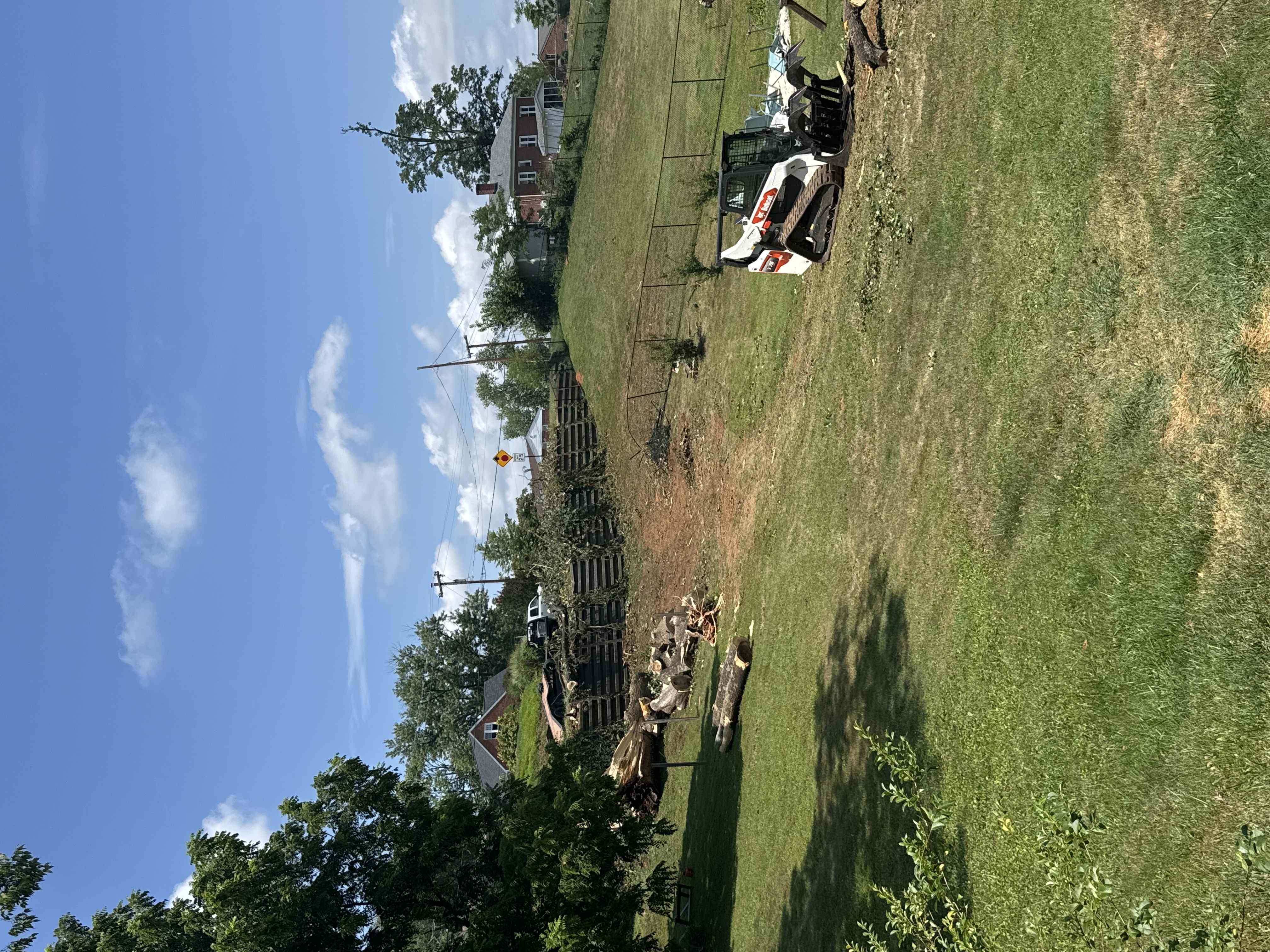Bobcat skid-steer working cut logs and brush on a residential hillside job