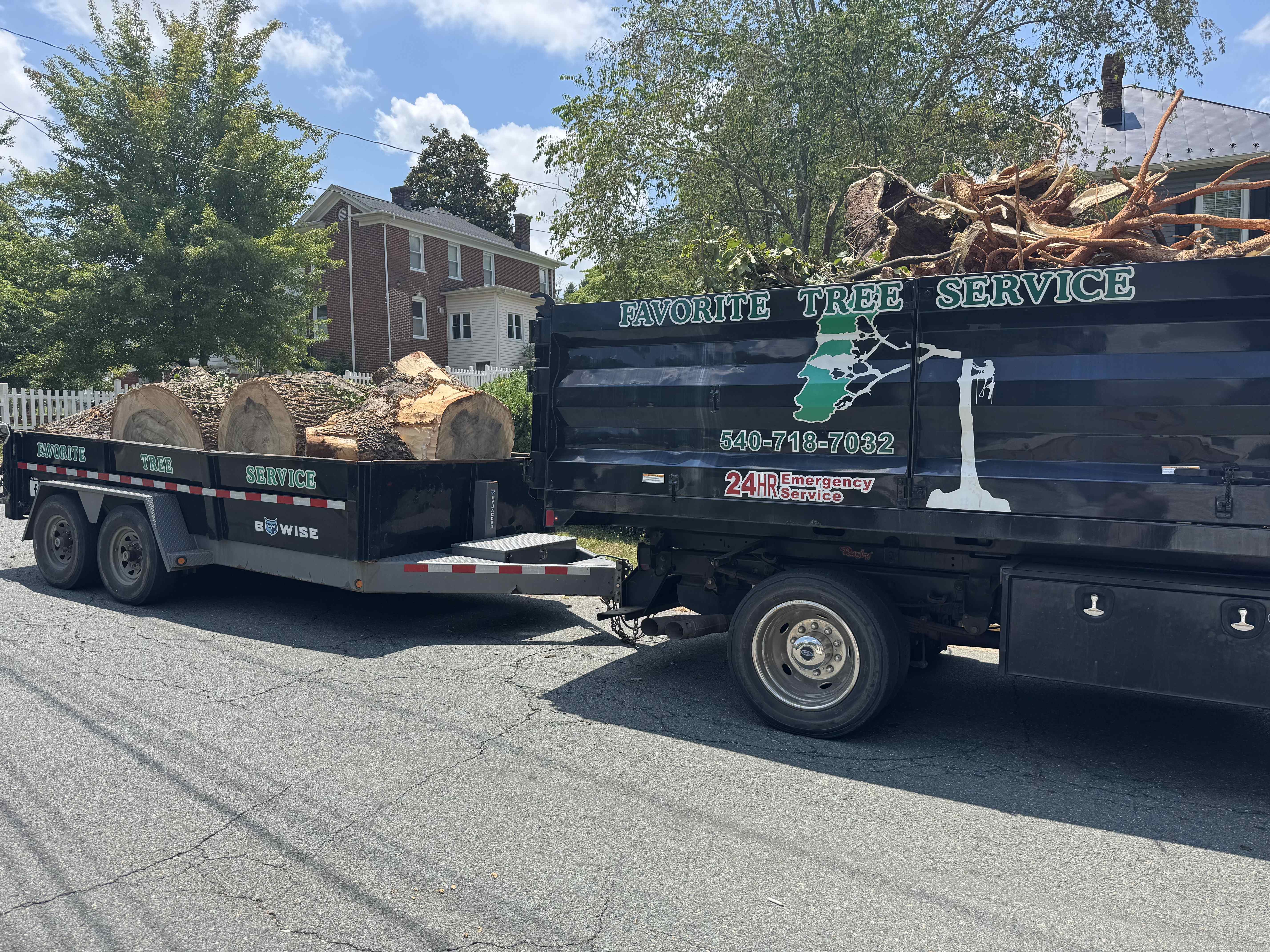 Cut logs loaded on the Favorite Tree Service trailer with brush in the dump truck