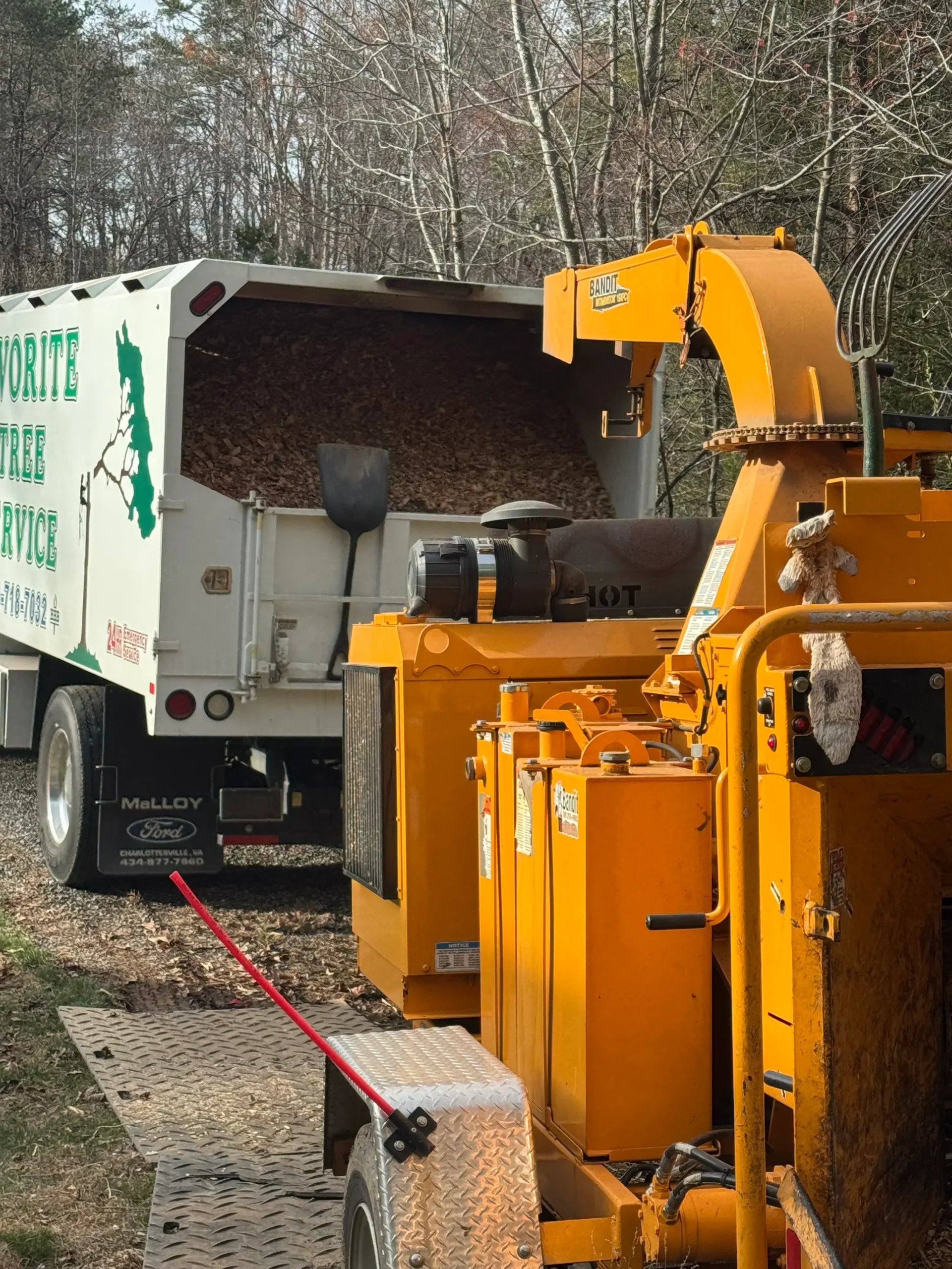 Favorite Tree Service diesel wood chipper staged for brush processing