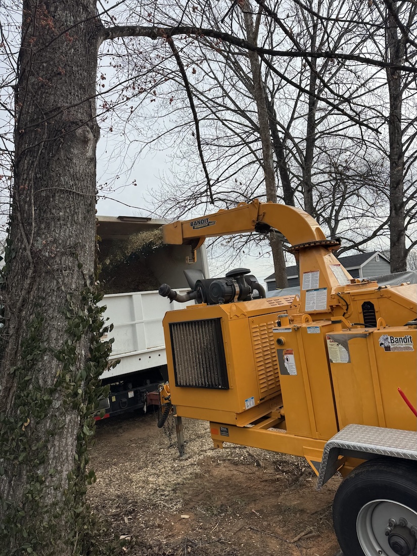 Diesel wood chipper running on-site during a Favorite Tree Service cleanup
