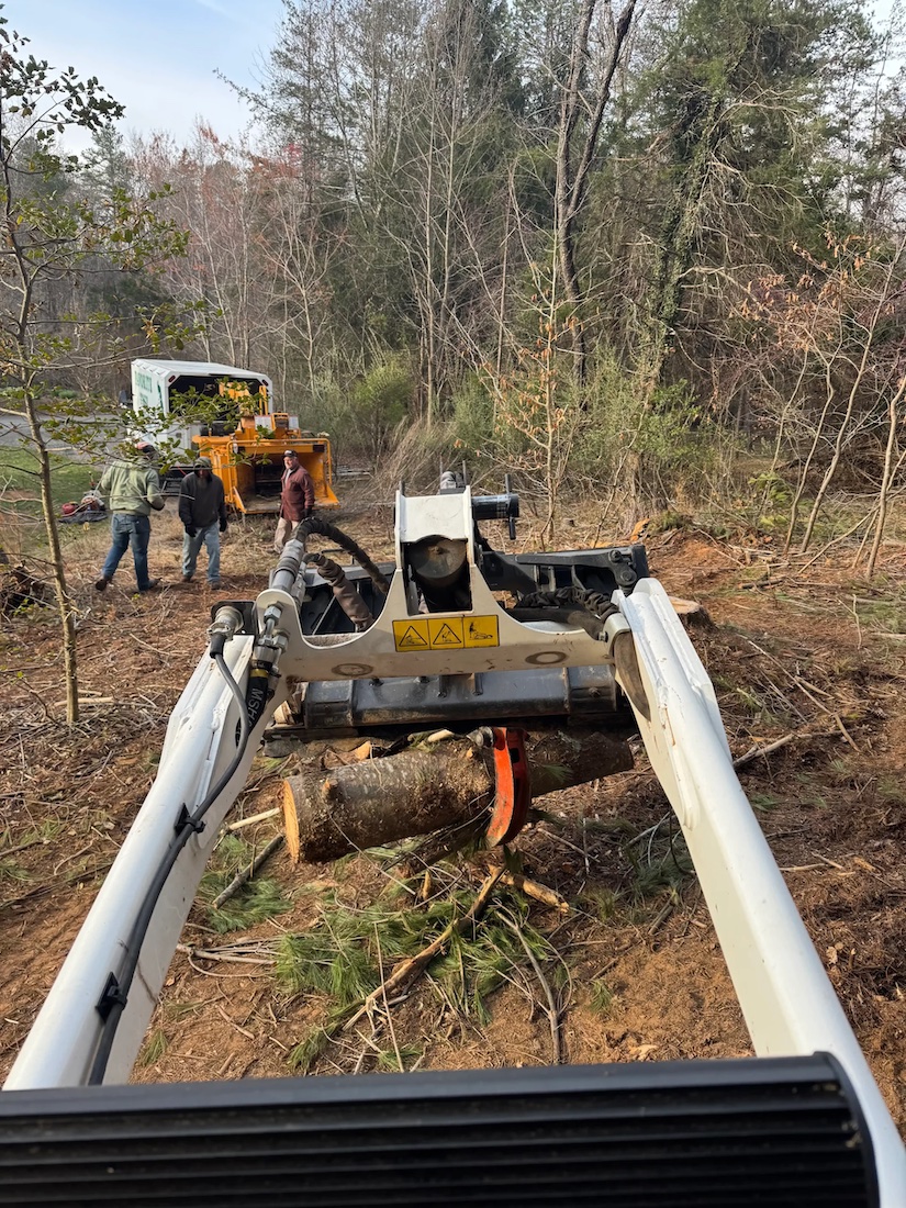 Crew operating a forestry mulcher attachment to clear understory and small trees on a wooded lot